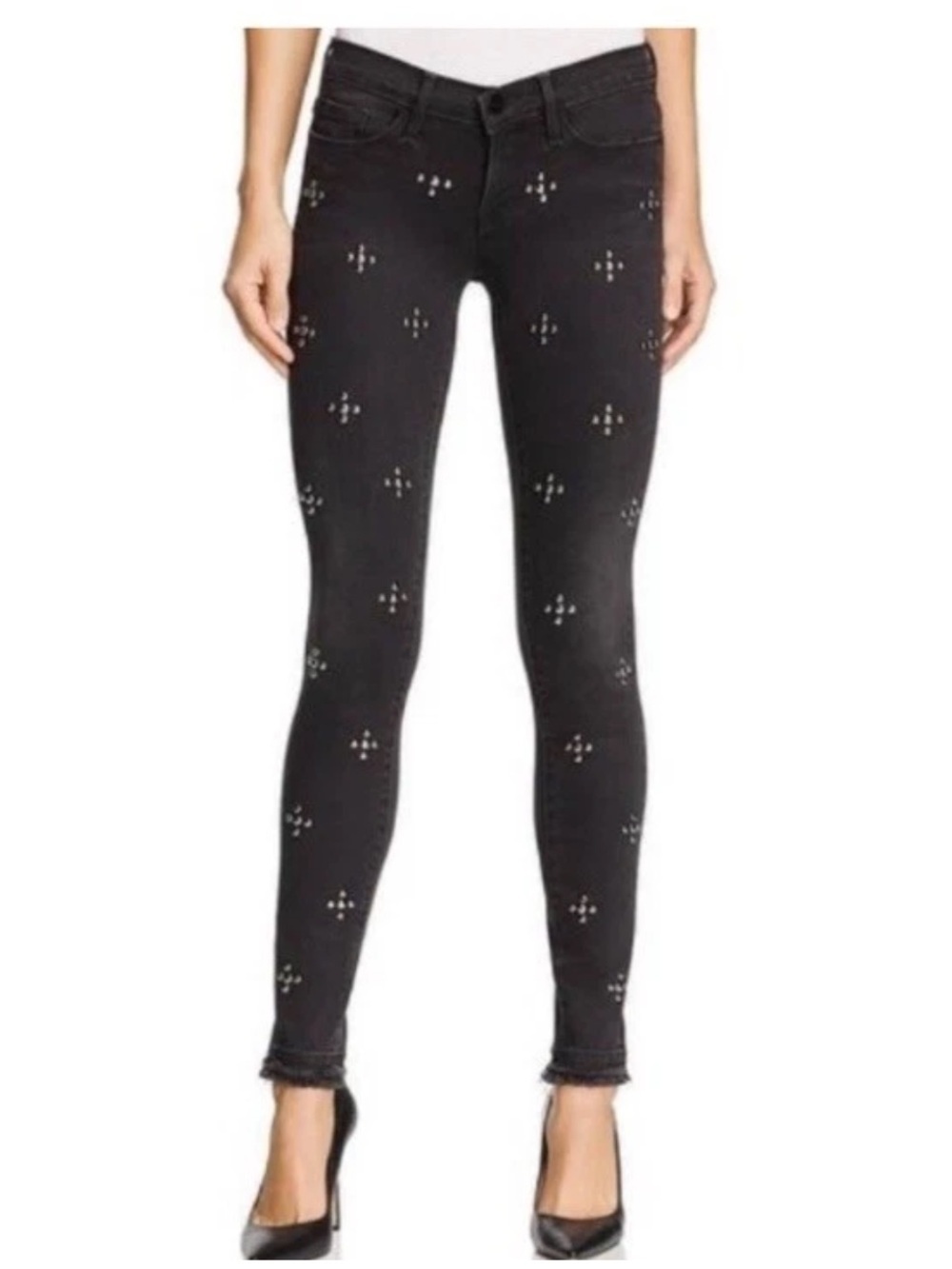 Frame Le Skinny De Jeanne Jeans 31 Black Carlton Studs Mid Rise Fringe Hem USA